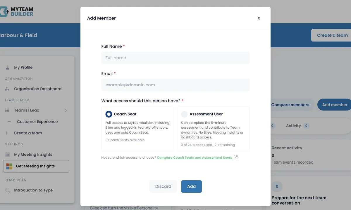 MyTeamBuilder Add Member form comparing Coach Seat and Assessment User access