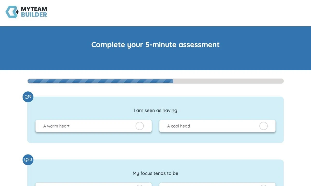 MyTeamBuilder assessment showing live question progress