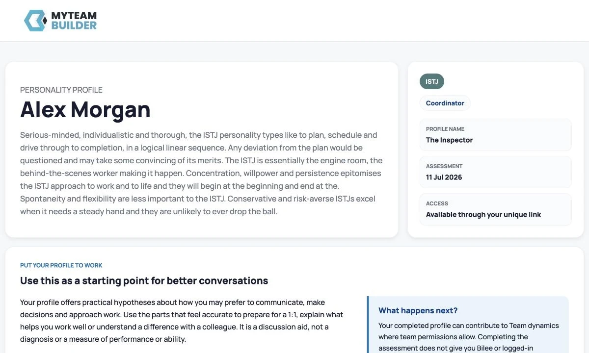 MyTeamBuilder Personality profile for Alex Morgan showing an ISTJ result and practical next steps