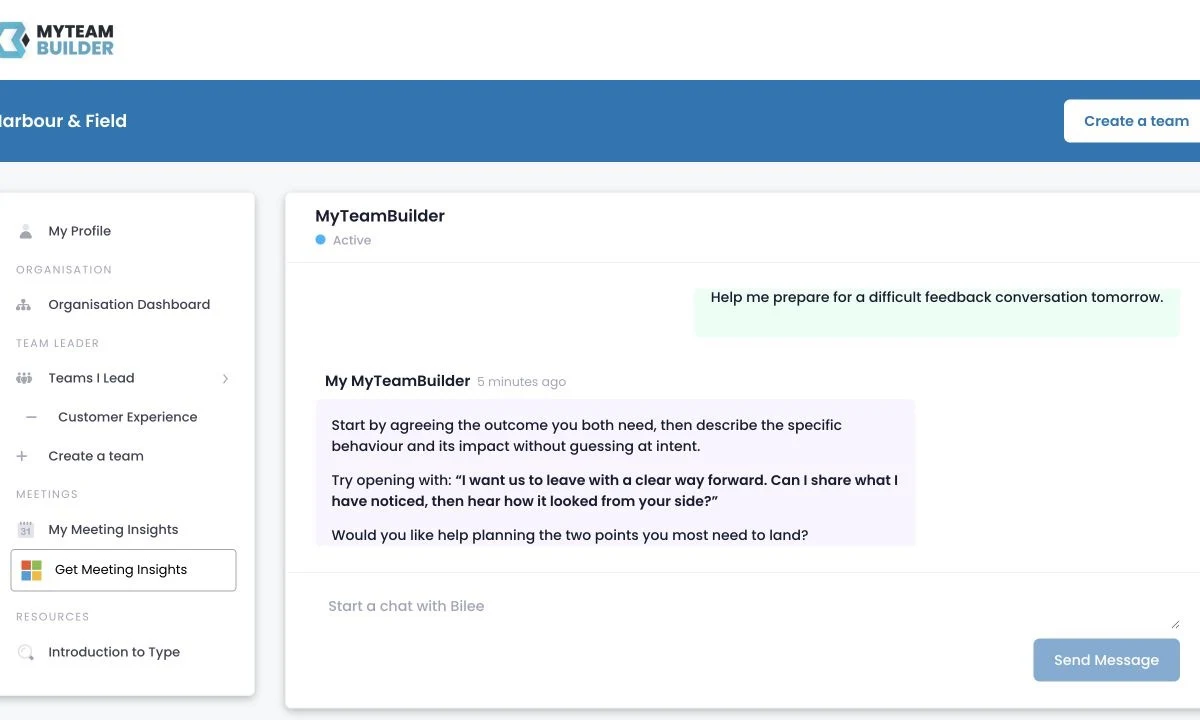 MyTeamBuilder private coaching workspace with guidance for a difficult feedback conversation