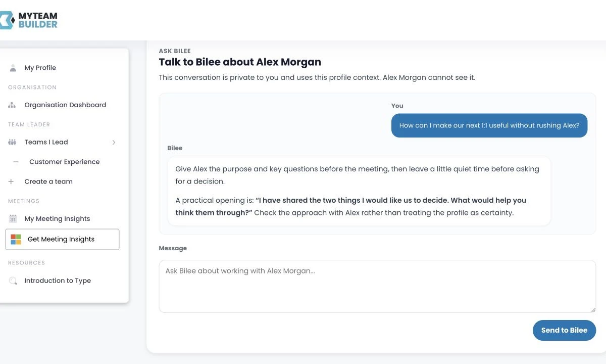 MyTeamBuilder profile-specific Bilee conversation preparing for a one-to-one with Alex Morgan