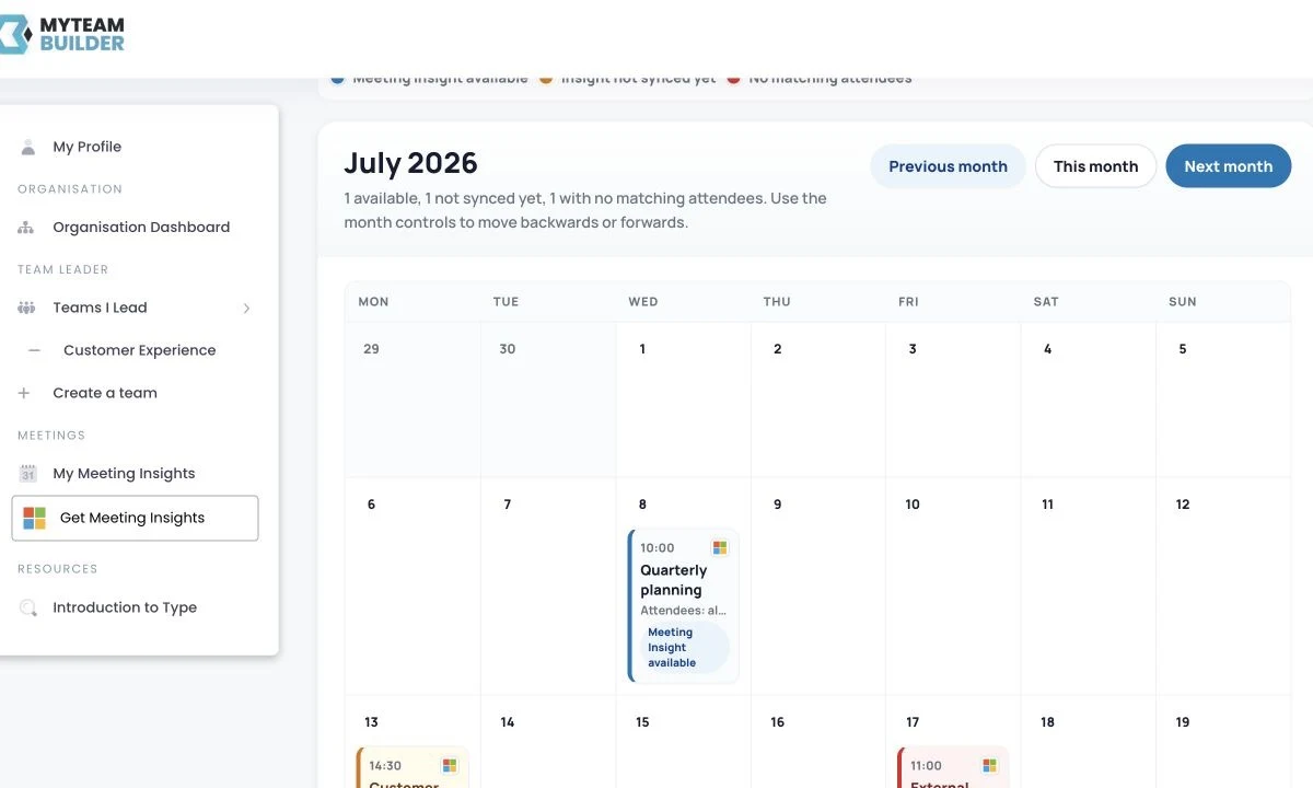 MyTeamBuilder Meeting Insights calendar showing available, not-yet-synced and no-matching-attendee states