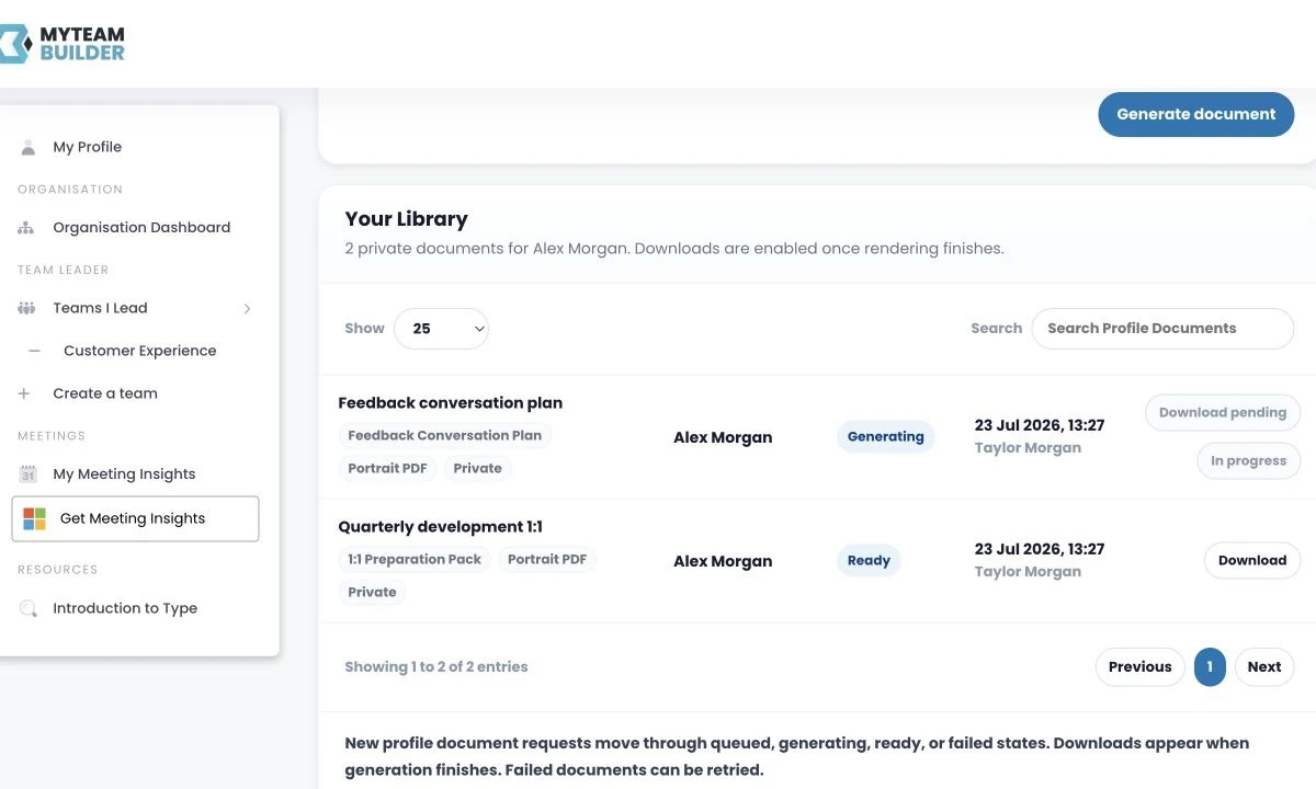 MyTeamBuilder Profile Documents library showing ready and generating private documents