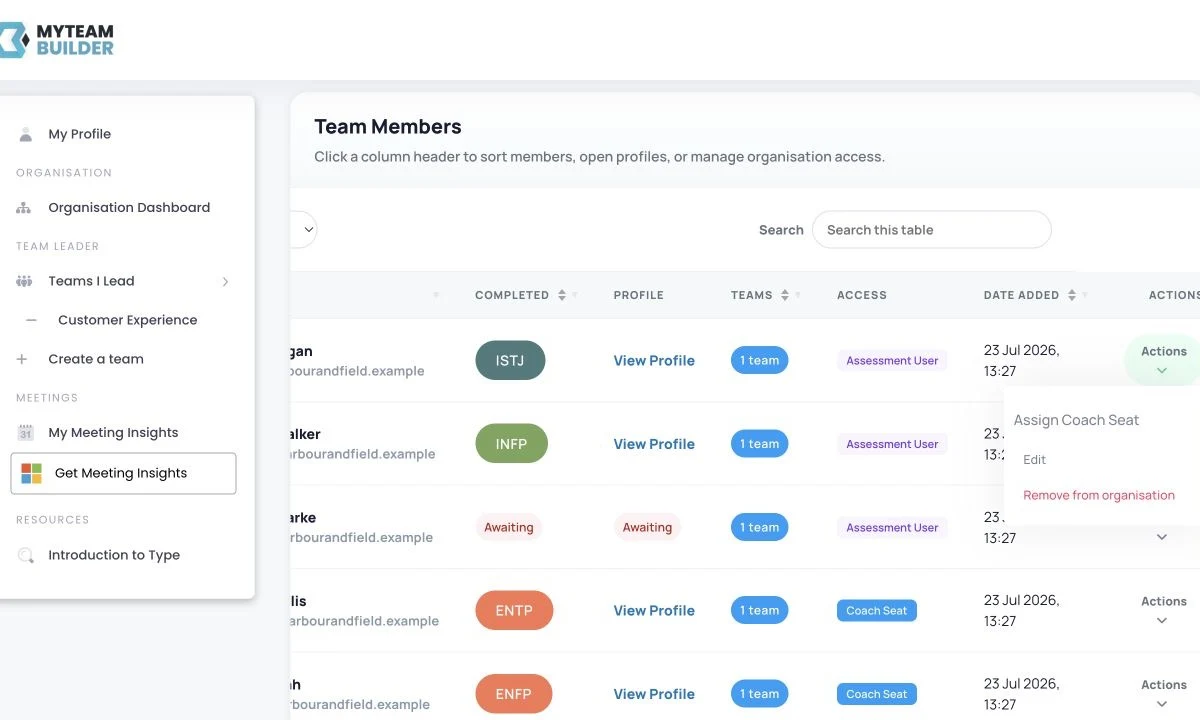 MyTeamBuilder Organisation Dashboard action for assigning a Coach Seat to an Assessment User